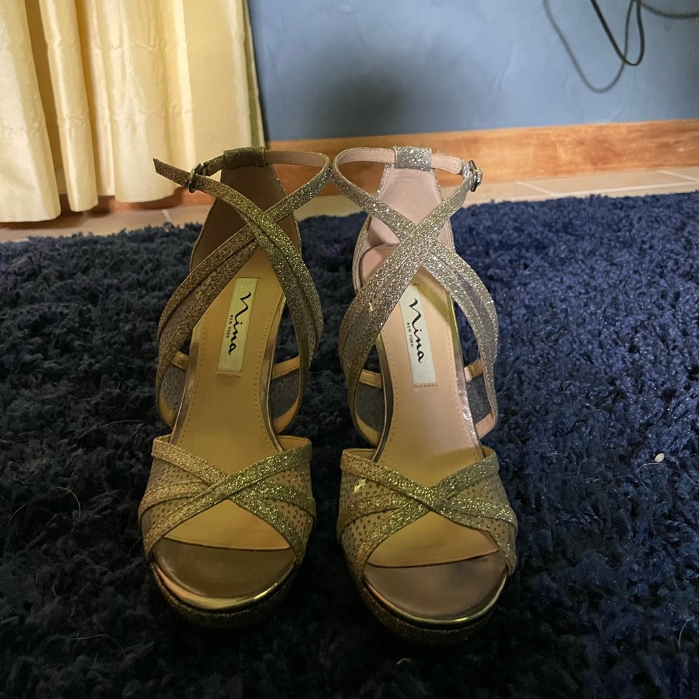 silver sparkly heels, 4.5 inch, strappy, women’s size 7.5
